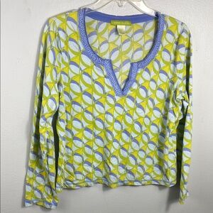 Sigrid Olsen Green and Yellow Fitted Graphic Blouse